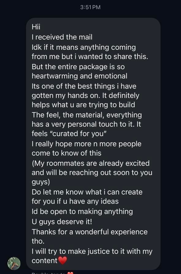 Screenshot of a community feedback message praising The Pincode Project.